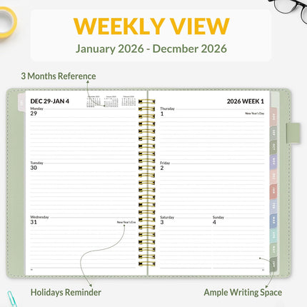 2026 Planner 12-Month – Weekly & Monthly, Vegan Leather, Pocket & Tabs