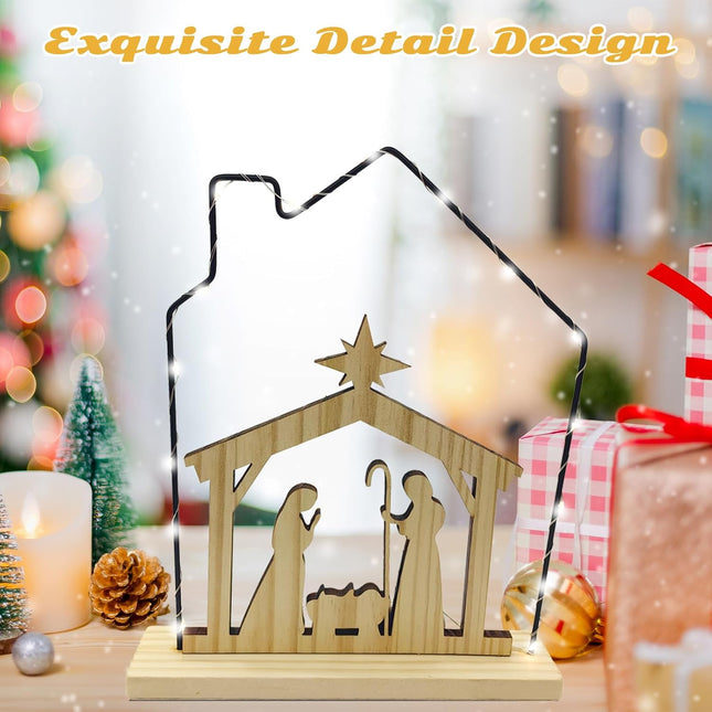 LED Wooden Nativity Scene Set – Holy Family Christmas Figurines Decor