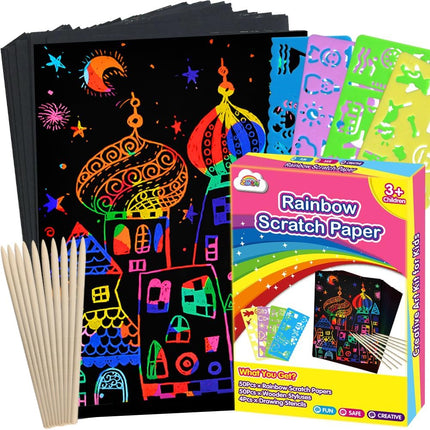100PCS Rainbow Scratch Paper Art – Kids Crafts & Gifts for Ages 3-9