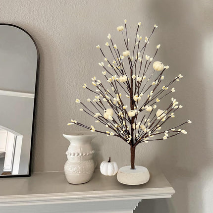 Thanksgiving Fall Trees 2-Pack – 15" White Table Décor with Pumpkins and Berries