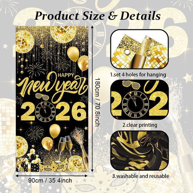 Happy New Year 2026 Banner – Black & Gold Party & Photo Background