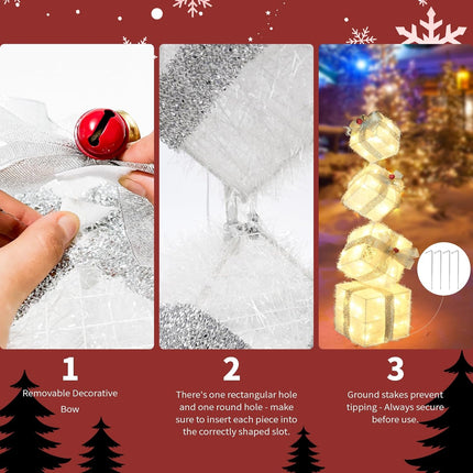 Christmas Lighted Gift Boxes – 4 Stackable Nesting Boxes, 2.8Ft, Battery Timer