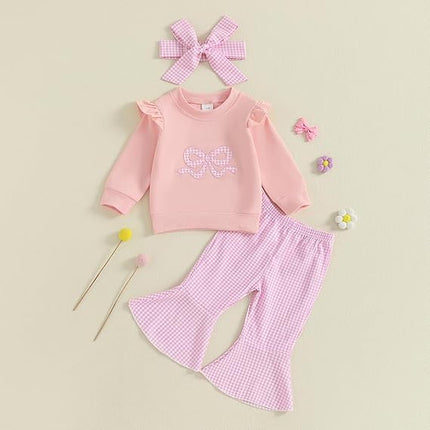 Infant Baby Girl Fall Clothes – Ruffle Sweatshirt & Plaid Bell Bottom Set