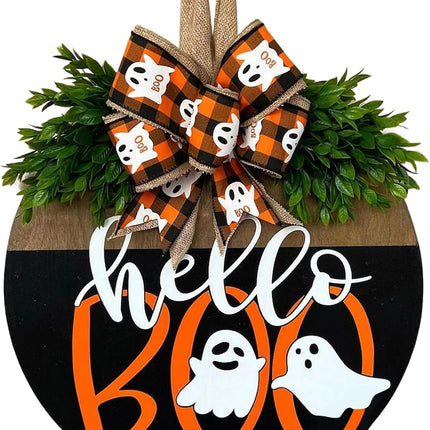 Halloween Ghost Wreath, Wooden Door Sign Hanger for Front Door Halloween Decor