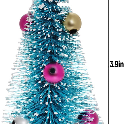 12PCS Mini Christmas Trees Blue Bottle Brush Trees with Wooden Base Decor