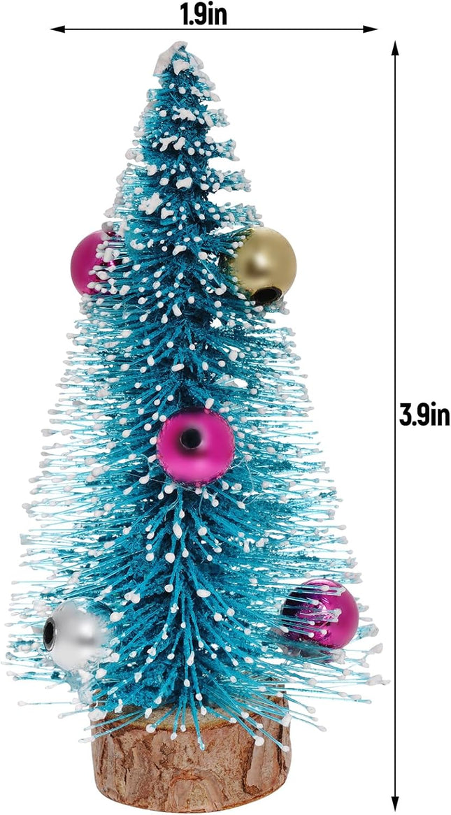 12PCS Mini Christmas Trees Blue Bottle Brush Trees with Wooden Base Decor
