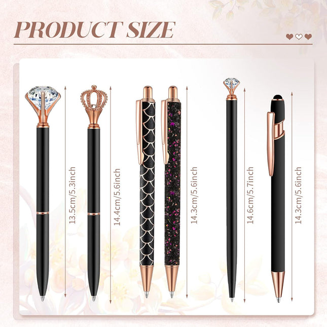 6-Pcs Fancy Ballpoint Pen Set – Metal Crystal Diamond Pens for Journaling & Gifts (Black Ink)