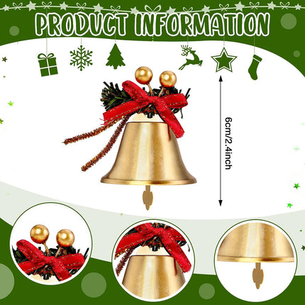 6PCS Gold Jingle Bells with Red Bow & Berry – Christmas Tree Hanging Ornaments