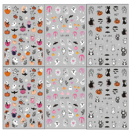 6-Piece Halloween Nail Art Stickers, 3D Ghost Pumpkin Bat Cat Skull Nail Decals