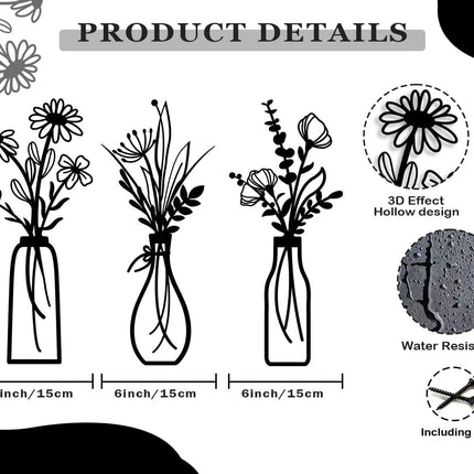 3-Piece Metal Flower Wall Art Set – Rustic Black Decor for Living Room & Bedroom