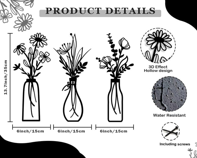 3-Piece Metal Flower Wall Art Set – Rustic Black Decor for Living Room & Bedroom