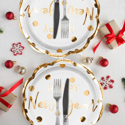 Happy New Year 25-Pc Paper Plates – White & Gold Foil Disposable Tableware