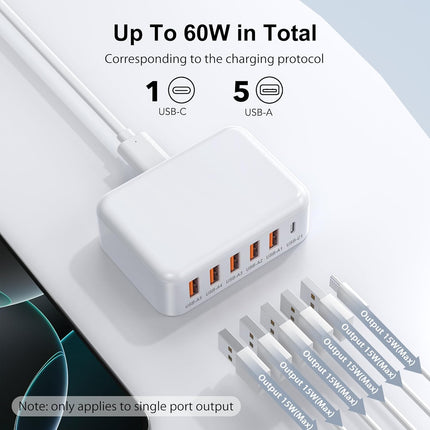 60W 6-Port USB-C Charging Station – Fast Multi-Device Charger for iPhone, iPad & Smartphones