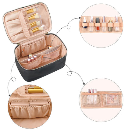 Large Makeup Bag, Portable Cosmetic Travel Case with Handle & Divider, Black