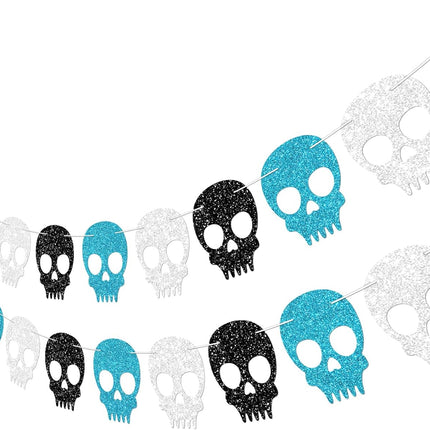 2-Piece Glitter Skull Garland, Black Silver Blue Halloween Gothic Party Banner Decor