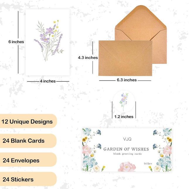 24 Pack Blank Floral Greeting Cards with Envelopes and Stickers, 4x6 Inch Watercolor Set