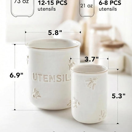 Ceramic Utensil Holder Set of 2 – 6.9" & 5.3" Embossed Kitchen Crocks