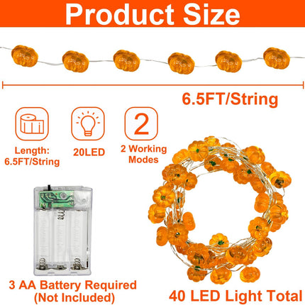 2-Pack 13FT 40LED 3D Pumpkin String Lights, Warm White Fall & Thanksgiving Decor