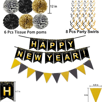 Happy New Year Banner & Party Decor – Black & Gold Flags, Swirls & Balloons