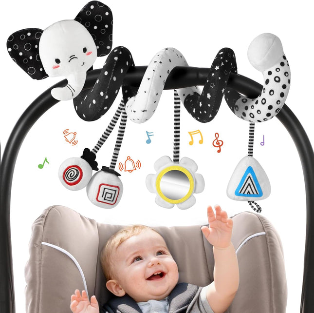 High Contrast Baby Car Seat Toys 0-6 Months Black White Spiral Stroller Sensory Toy
