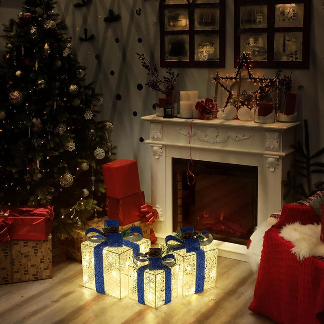 3-Pack Light-Up Christmas Gift Boxes – Warm White LED, Battery Operated, Blue Bow