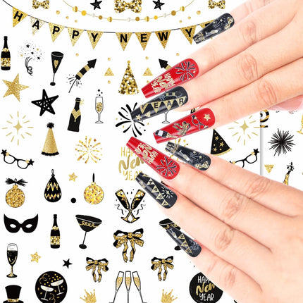 6 PCS New Year 2025 Nail Decals Glitter Gold Fireworks Manicure Stickers
