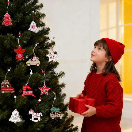 12PCS Star Wooden Christmas Ornaments – Red & White Hanging Tree Decorations