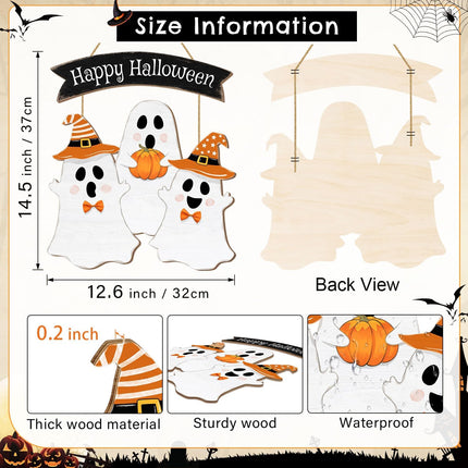 Halloween BOO Ghost Door Sign, Wooden Happy Halloween Pumpkin Hanger for Front Door