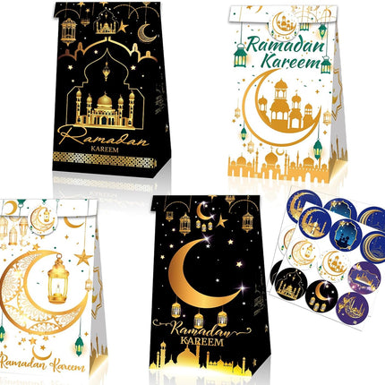 12-Pack Ramadan Gift Bags: Eid Mubarak & Ramadan Kareem Party Favor Bags with Stickers