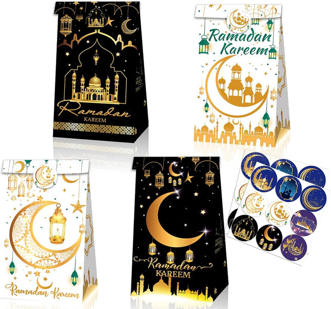 12-Pack Ramadan Gift Bags: Eid Mubarak & Ramadan Kareem Party Favor Bags with Stickers