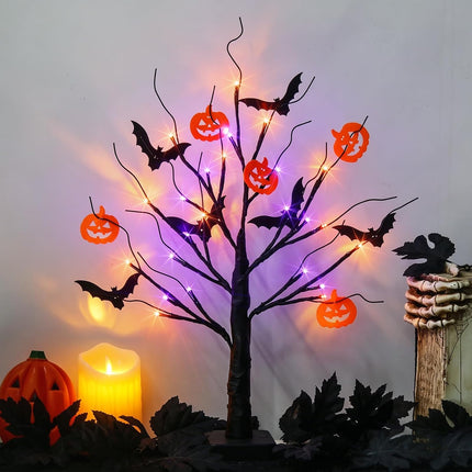 Halloween Lighted Black Tree, 24 Orange & Purple LED Lights, 22in Table Decor