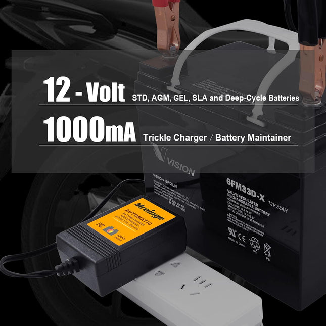 12V 1000mA Smart Battery Charger & Maintainer – Automatic Float Charger for Vehicles