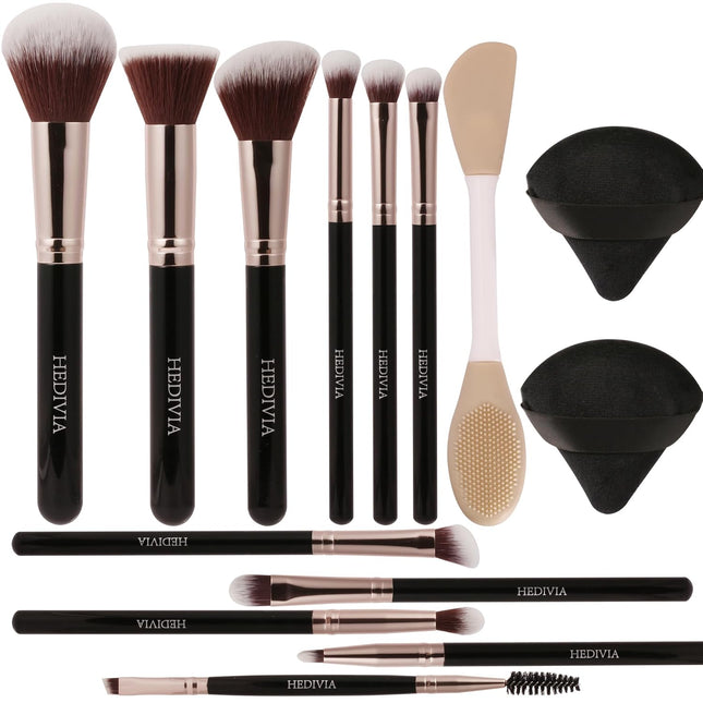 14-Pc Black Makeup Brush Set, Synthetic Foundation, Blush & Eyeshadow Brushes