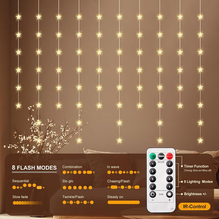 70 Stars Warm White Star Curtain Lights – Window Lights with Remote, Fairy LED Lights