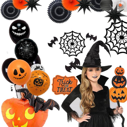 50-Piece Halloween Balloons, Black Orange White Bat Pumpkin Spider Web Party Decor