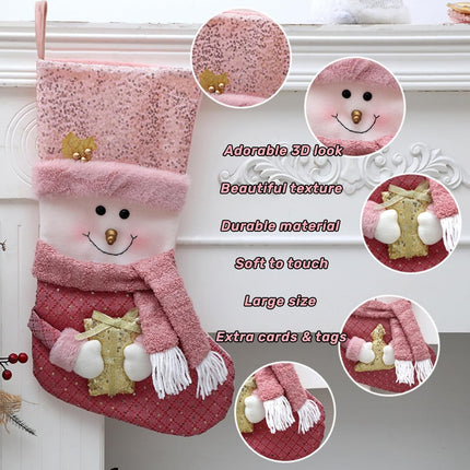 20" Pink Christmas Stockings with Gold Sequins, 3D Reindeer, Santa Claus & Snowman Designs