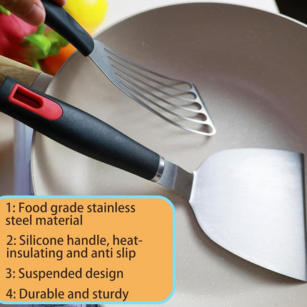 Stainless Steel Metal Spatula Set with Silicone Handle, Fish Turner for Grill & Griddle