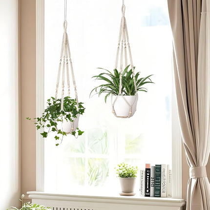 Macrame Plant Hanger Set of 2 35 Inch Indoor Outdoor Boho Decor Ivory