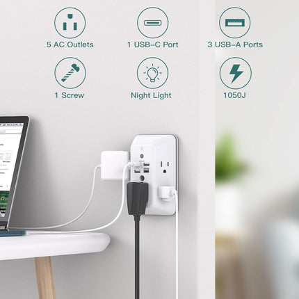 Surge Protector Power Strip, 5 Outlets + 4 USB Ports, Night Light for Home/Office