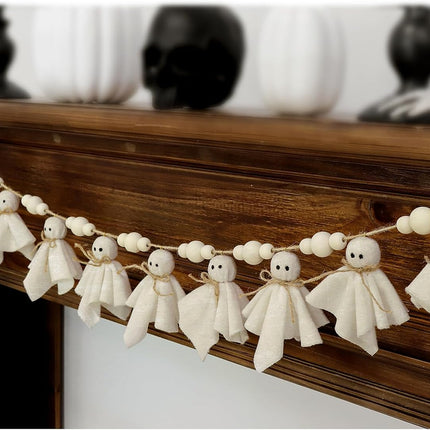 White Ghost Halloween Garland with Wood Beads, Cute Banner for Wall, Mantel & Door