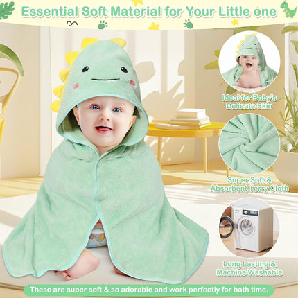 4PCS Baby Bath Towels Set, Dinosaur Hooded Towel & 3 Washcloths, Soft Infant Essentials