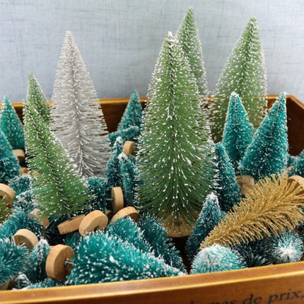 8PCS Mini Christmas Trees – White Bottle Brush Tabletop Trees with Wood Base & Wreaths