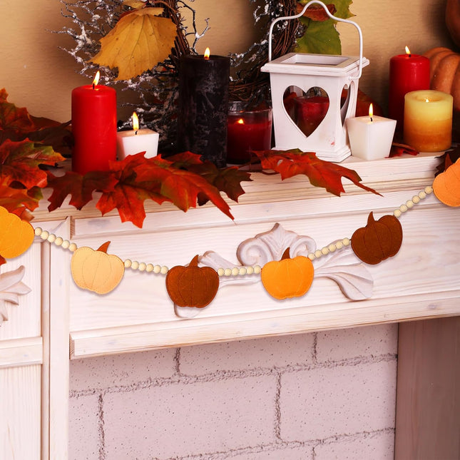Capoda Thanksgiving Pumpkin Garland – 4ft Felt Banner with Wood Beads for Fall Decor