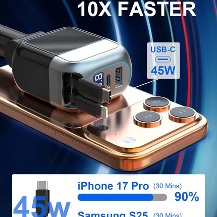 87W Retractable Car Charger, 4-in-1 USB C Fast Charging Adapter with Cable