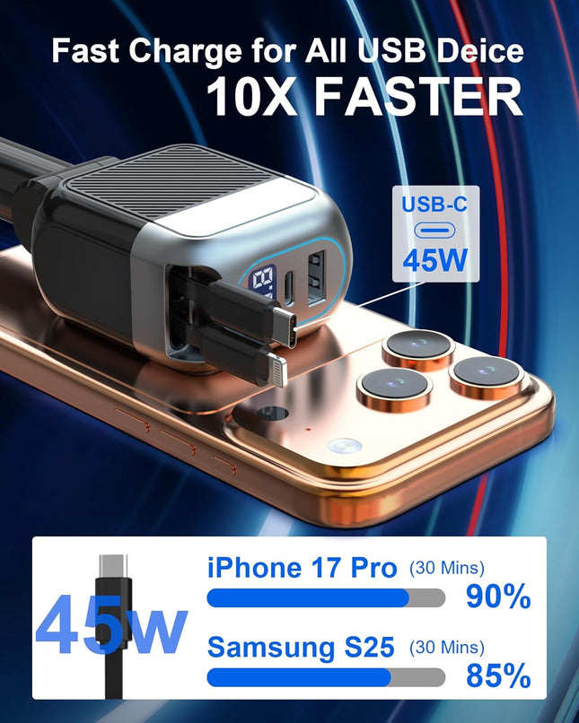 87W Retractable Car Charger, 4-in-1 USB C Fast Charging Adapter with Cable