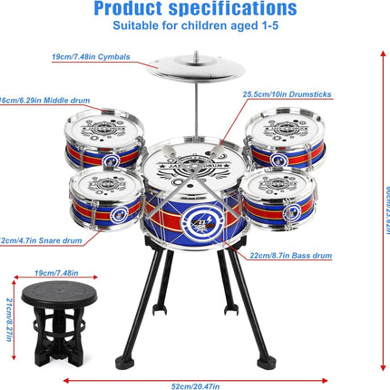 8-Piece Kids Drum Set, Blue, Musical Toy for Toddlers & Beginners