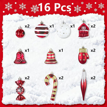 16 PCS Xmas Ornaments – Red & White Hanging Decorations for Tree & Home