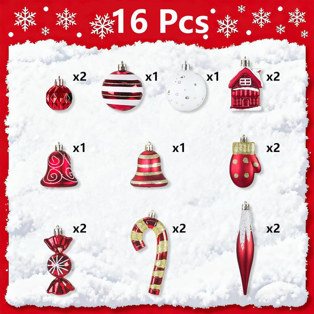 16PCS Red and White Christmas Ornaments Set with Hanging Strings for Tree
