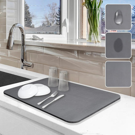 Dish Drying Mat 12x19, Absorbent Non-Slip Kitchen Counter Drying Pad Grey