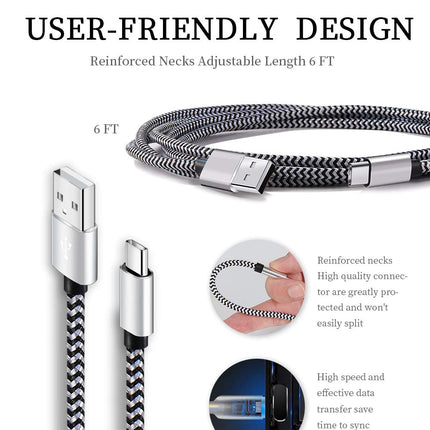 5-Pack USB Type-C Cables – 6ft Fast Charge, Braided, Samsung Compatible